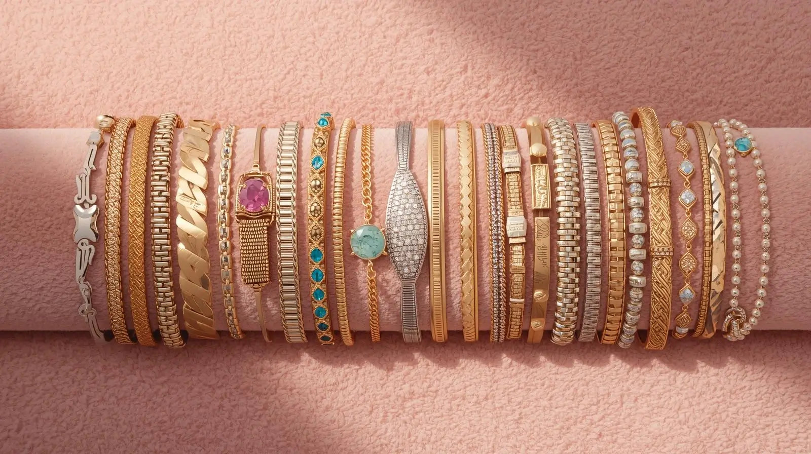 Stacked assortment of bracelets, including minimalist cuff bracelets, beaded stretch bracelets, and thin gold bangles suitable for everyday wear.