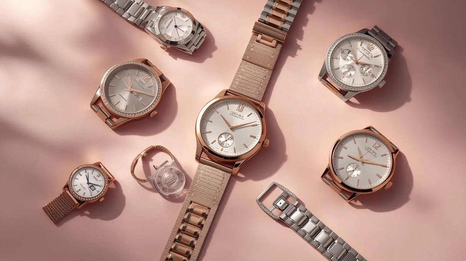 Assortment of modern watches, including dive watches, minimalist dress watches, and multi-function chronographs with leather and stainless steel bands.