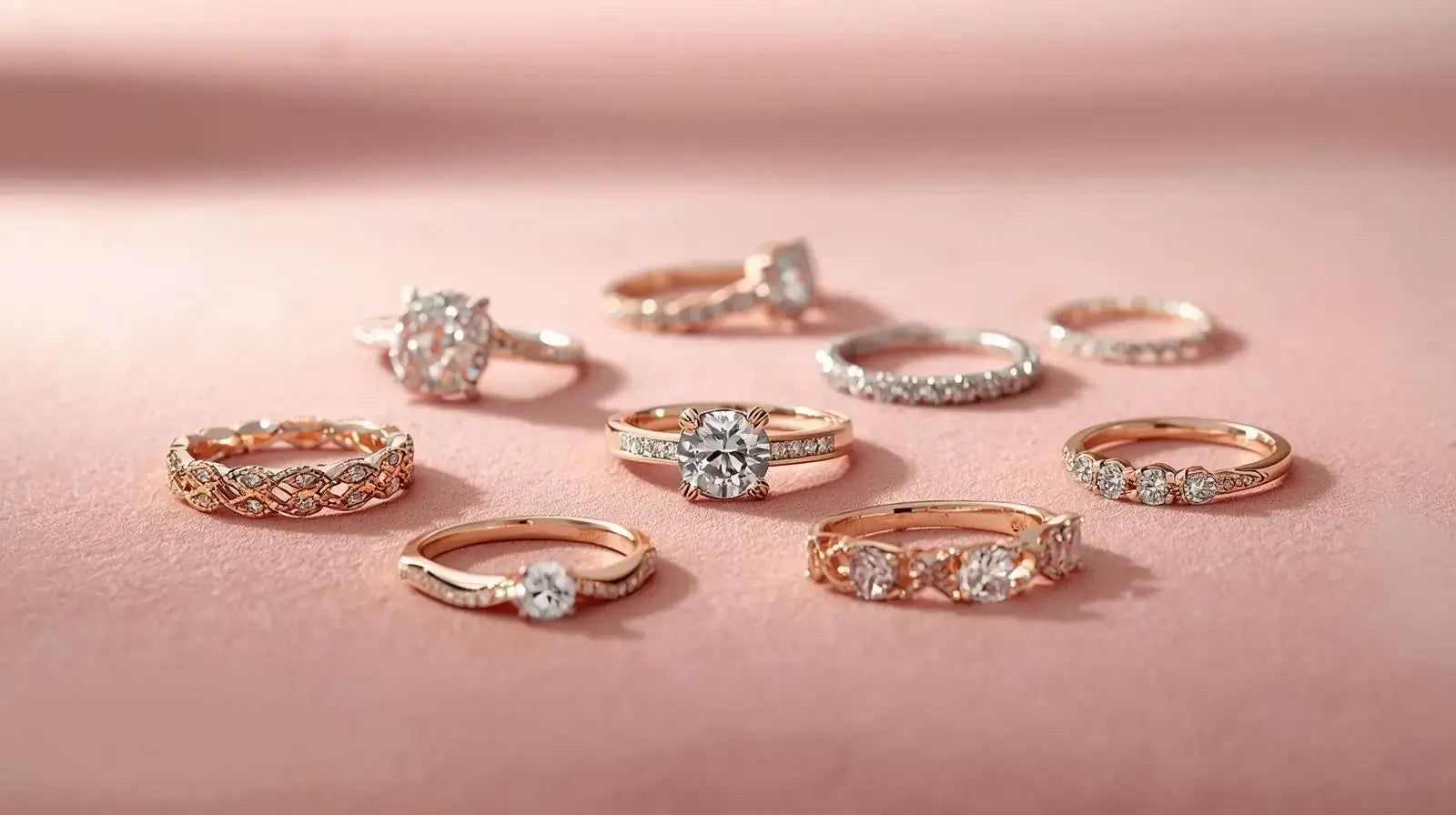Assortment of modern rings, featuring stacking bands, signet rings, and open rings in mixed metals like silver and rose gold.