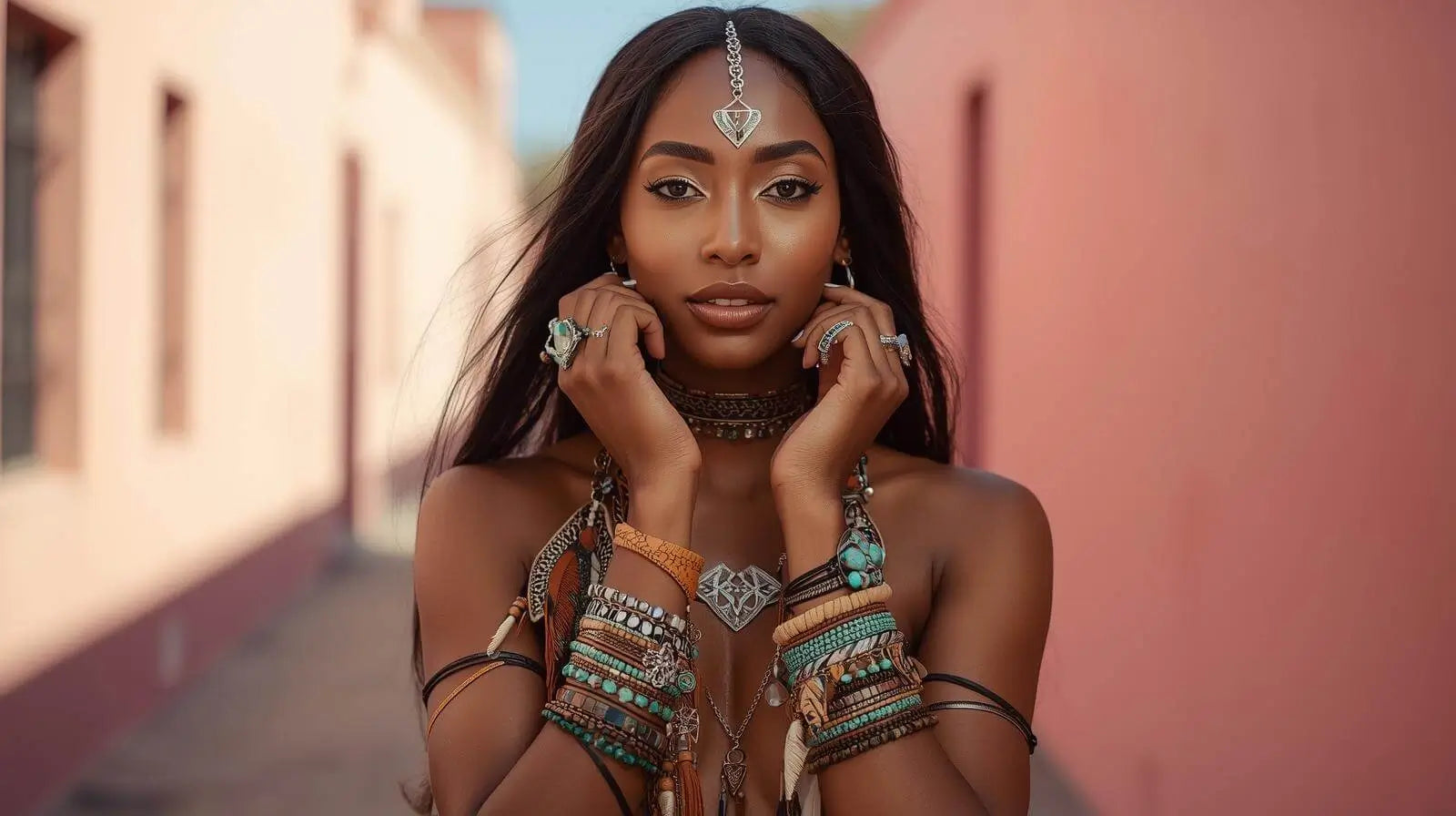 Close-up of a beautiful woman wearing a striking layered collection of tribal and bohemian jewelry, including stacked turquoise and leather bracelets, chunky rings, a choker necklace, and a delicate silver maang tikka (forehead piece).